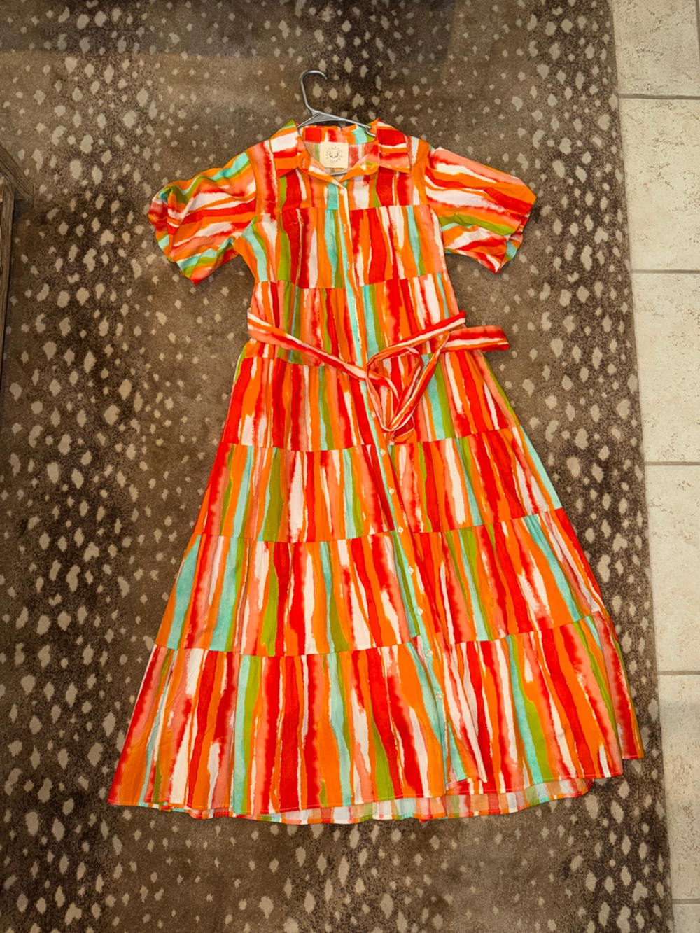 Fantastic Fawn Bright Multi-Stripe Orange Tie-Waist Dress. Size Medium